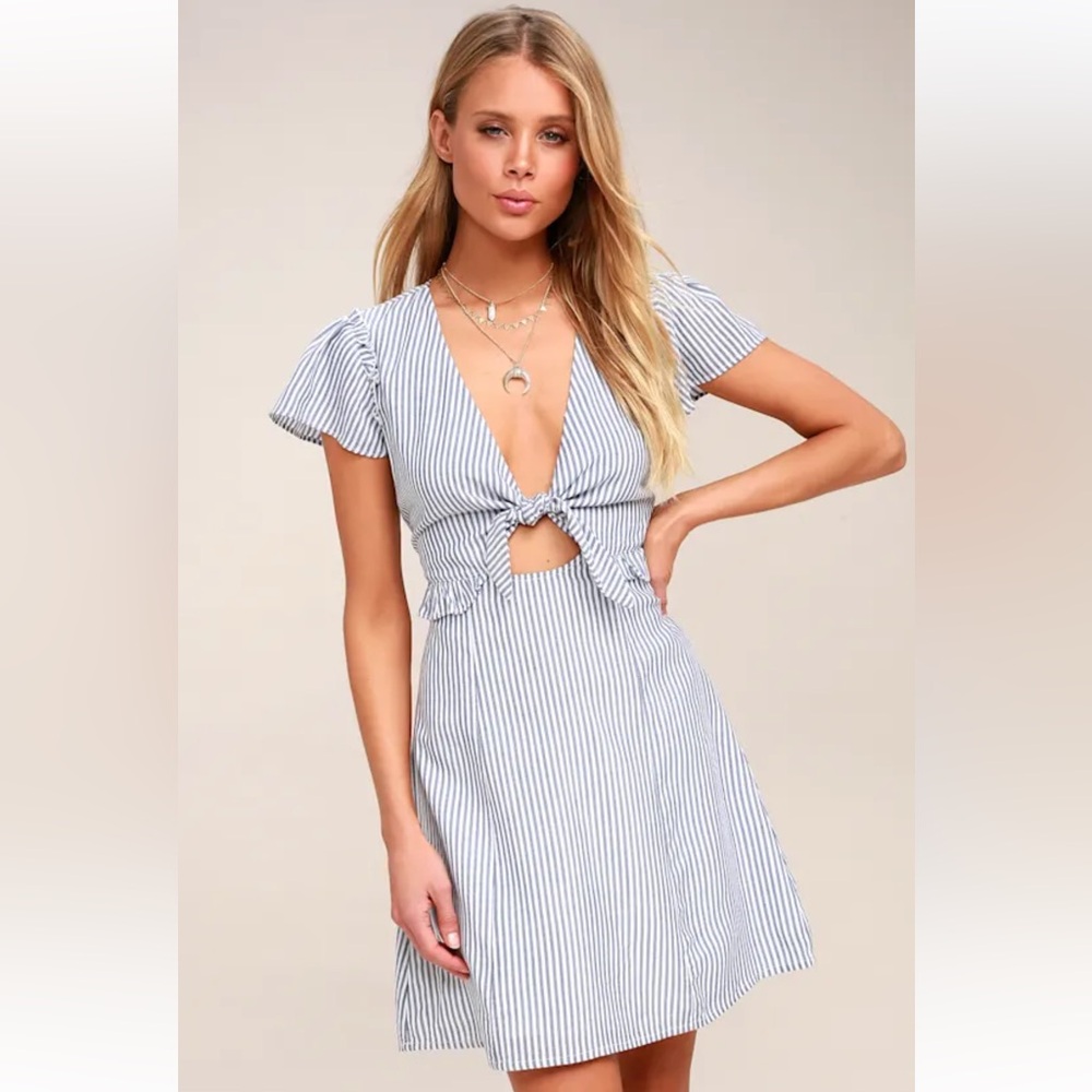 Lulu's Blue and White Striped Tie-Front Mini Dress